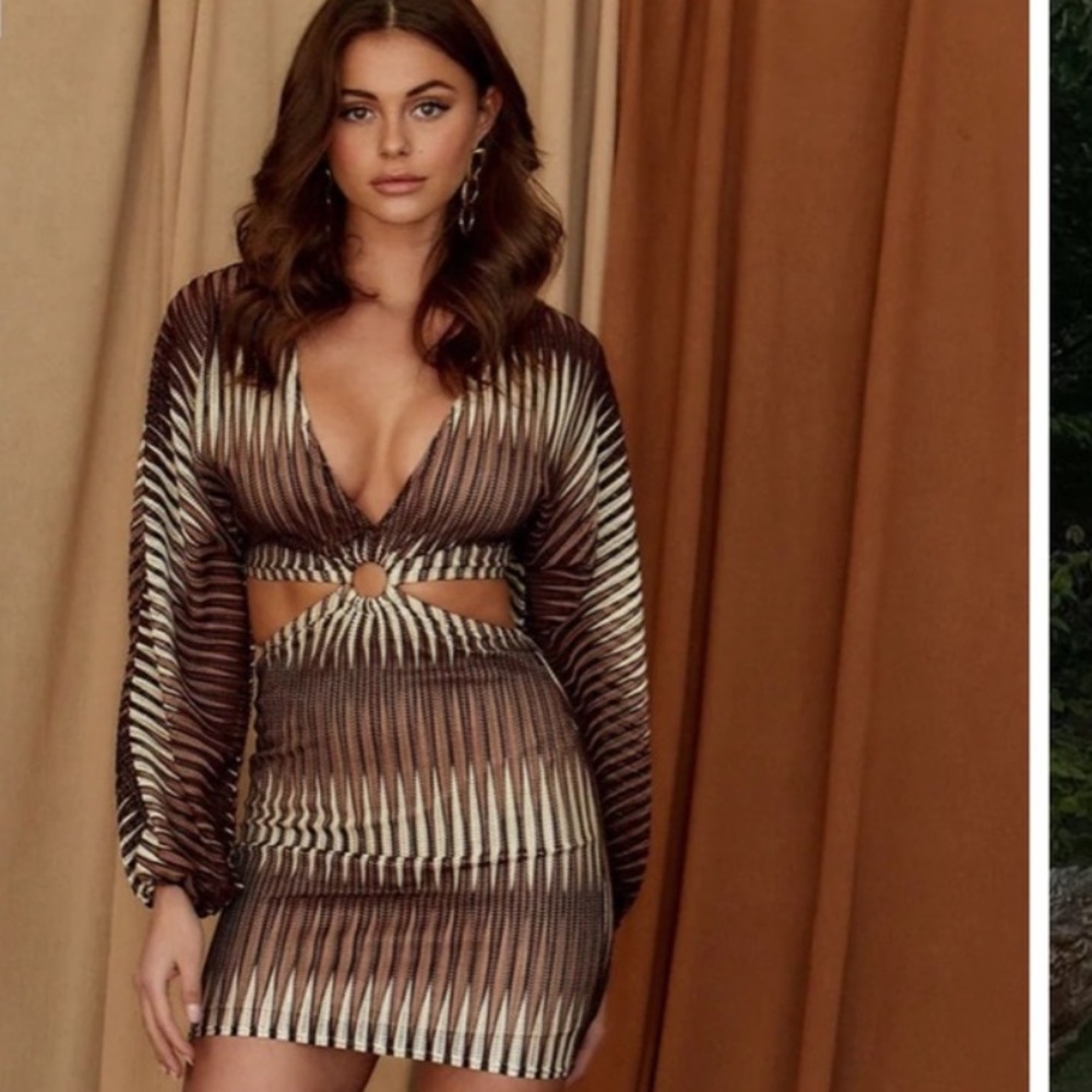 12th Tribe Brown Striped Mini Dress with Cutouts - Picture 2 of 4
